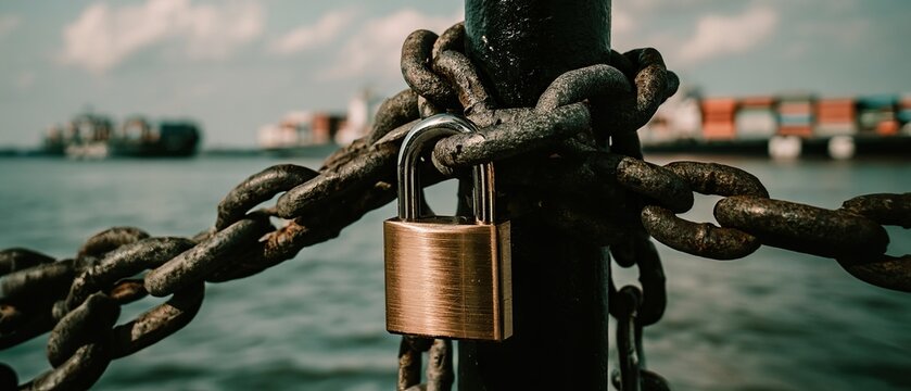 Brass padlock secures thick chain on dark post with cargo ships in background