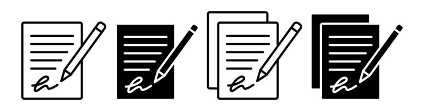 Signature document icon set combining outline and filled styles, representing signing, contracts, agreements, verification and approval for business, legal and office design.