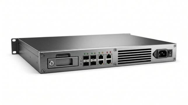 Rack mount network switch with multiple ethernet ports and power supply input isolated on a white background, for server room infrastructure