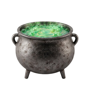 Witches cast iron cauldron with bubbling green potion isolated
