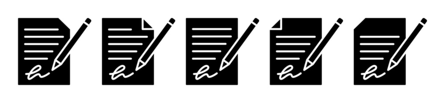 Document signing icon set with pen in solid filled style, featuring contracts, agreements, signatures and approval symbols for business, legal paperwork, forms and official documents.