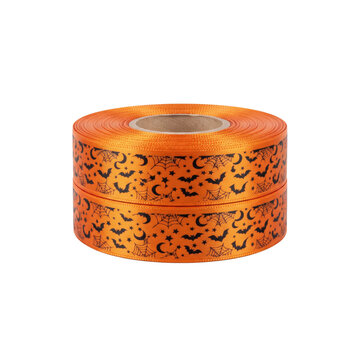 Roll of orange halloween ribbon with bat and web pattern