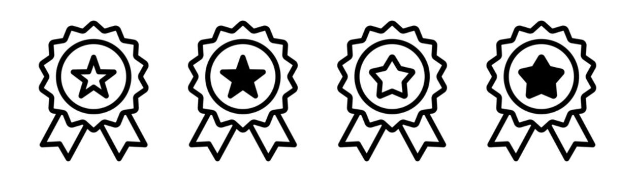 Award badge icon set with star symbols and ribbons for certificates, achievements, prizes, recognition, education, competitions and business success.