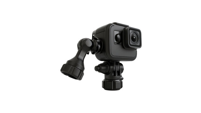 Black action camera with flexible mount isolated on white background for video recording with photography technology electronic mechanical equipment portable recorder