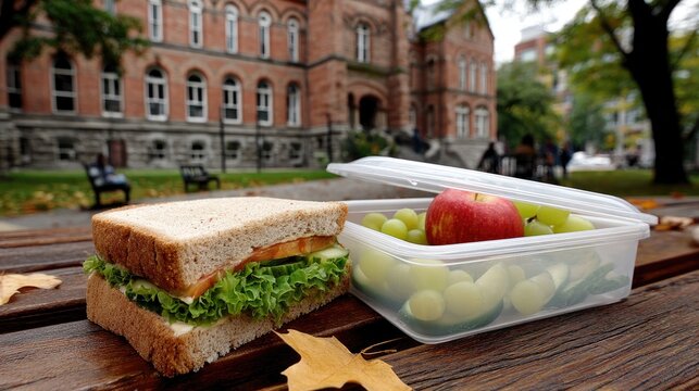 Bento box lunch on a rustic picnic table with school building in the background on a sunny autumn day