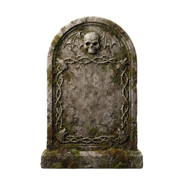 Ancient gothic tombstone with skull and bat wings isolated