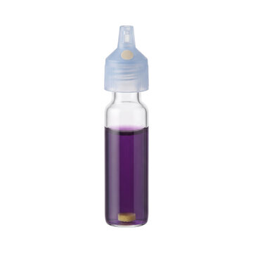 Glass dropper vial with purple reagent solution for testing