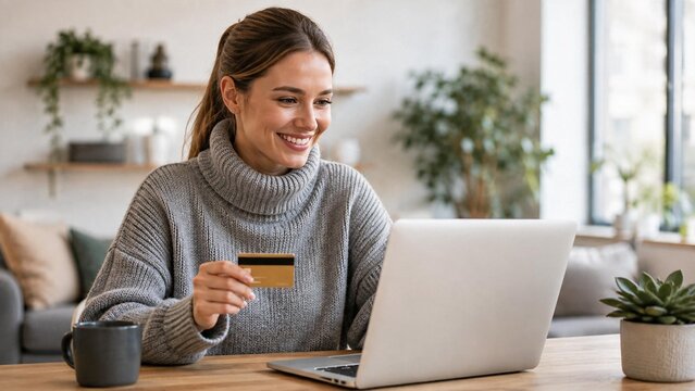 Gl&uuml;ckliche junge Frau beim Online-Shopping zu Hause. Sie sitzt am Laptop im gem&uuml;tlichen Wohnzimmer und h&auml;lt eine Kreditkarte f&uuml;r die digitale Bezahlung.