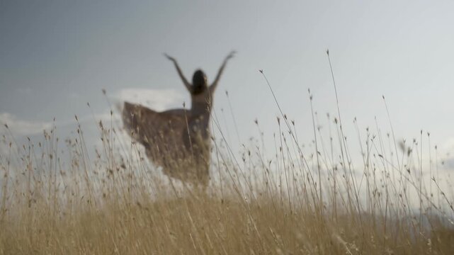 Ballerina in silk dress dancing in the nature, golden hour