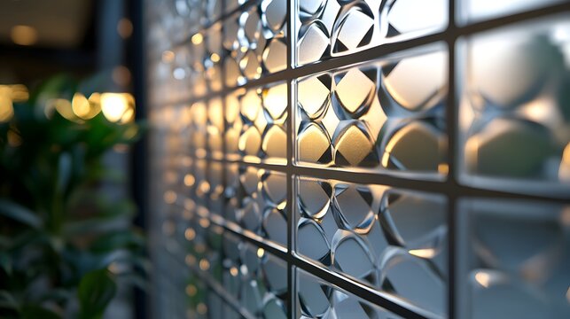 Close up of a textured glass wall with geometric patterns reflecting warm golden sunset light