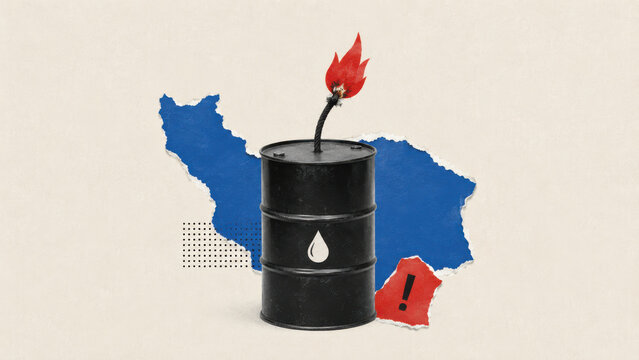 Iran oil crisis and the risk of a Middle East explosion pictured as a barrel with a lit fuse ready to detonate over a torn map