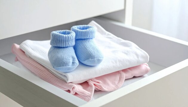 Pair of Blue Baby Booties Resting on Stacked Folded Clothing in Drawer