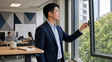 Fototapeta premium Corporate office worker opening window for fresh air break