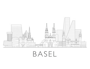 Obraz premium Basel skyline, Switzerland. Urban cityscape with landmarks and monuments. Hand drawn line art digital skyline illustration.