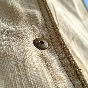 Sailcloth fabric with brass grommet folds nautical canvas texture closeup