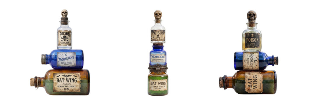 Vintage Apothecary Magic Potion Bottles Set Isolated on Transparent or White Background