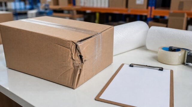 Box with damage on a table in a warehouse with packing materials nearby during a busy workday