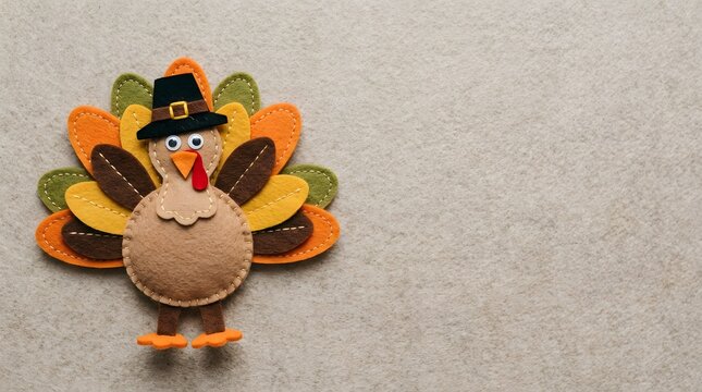 Festive thanksgiving turkey decoration with hat on light gray woven background