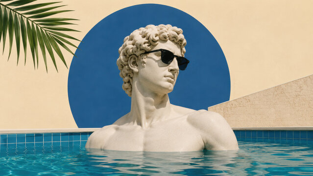 Classical statue wearing sunglasses relaxing in swimming pool, summer vacation concept