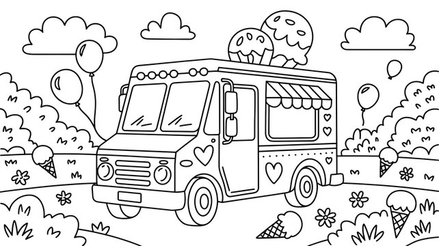 Coloring page for children with a cute ice cream truck, balloons, and ice cream cones in a park landscape, black and white line art illustration