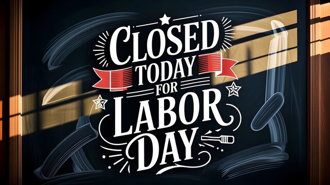 Closed today for labor day sign on a chalkboard background decorative typography with stars and ribbons, perfect for retail store closures, holiday announcements, and business notices