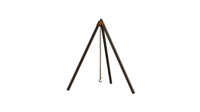 Minimalist metal camping tripod stand with hanging hook isolated on white background with featuring central hanging displays three legged clean white backdrop chain hook