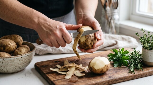 Person peeling raw potato on wooden cutting board in kitchen for healthy home cooking