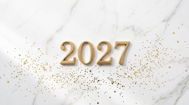 Gold 2027 numbers on white marble background with festive glitter confetti for New Year