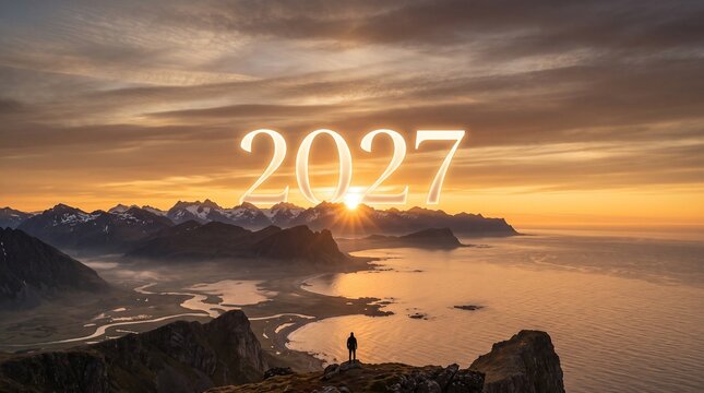 2027 New Year greeting with a silhouette person standing on a mountain at sunset.