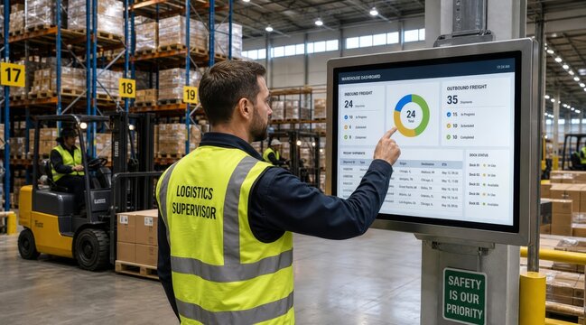 Warehouse logistics supervisor at industrial terminal dashboard