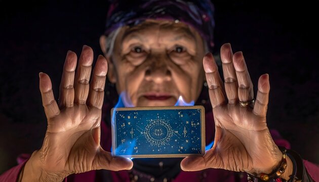 Senior Fortune Teller Holding Burning Mystical Tarot Card in Dark Occult Room