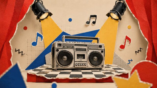 image.pnVintage boombox lit by two spotlights on a checked stage with red curtains and paper music notes around it