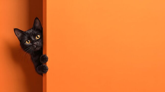 A curious black cat peeks around a vibrant orange corner embodying the playful spirit of the halloween season and autumn festivities