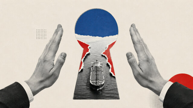 Strait of Hormuz global shipping crisis and political tension background with cargo container ship navigating narrow water channel in paper collage