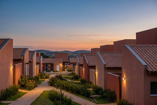 Modern residential housing complex with terra cotta style homes and paved walkways under a colorful sunset sky