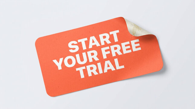 Orange sticker banner template with peeling corner showing start your free trial message.