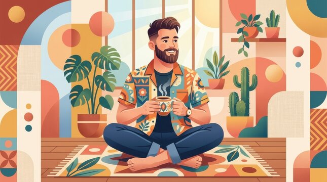 Young man sitting cross-legged on a patterned rug holding a warm coffee cup, surrounded by houseplants in a modern sunlit living room with geometric wall art, lifestyle illustration
