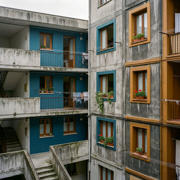 Weathered residential apartment building facade featuring colorful accents, balconies, windows with flower pots, and concrete staircases