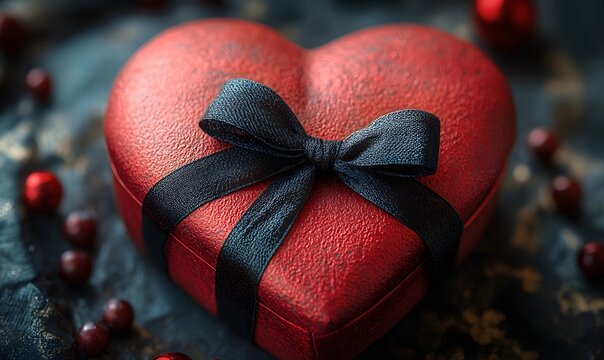 Textured red heart shaped gift box wrapped with a black glitter ribbon bow