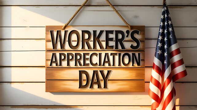 Wooden sign with the text workers appreciation day hanging on a white wooden wall next to an american flag