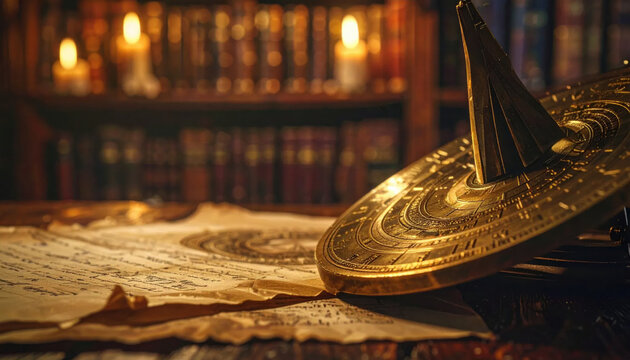 An antique brass astrolabe rests upon aged parchment within a dimly lit library, surrounded by scholarly books and candlelight.