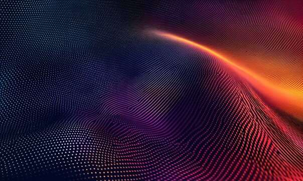 Abstract technological grid wave pattern with glowing neon orange purple and blue dots