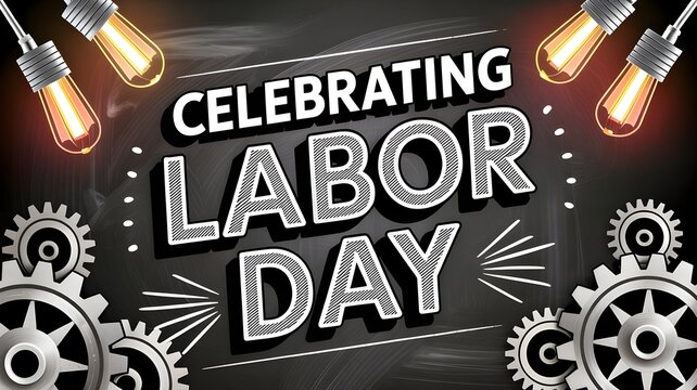 Labor day celebration background with industrial gears and vintage light bulbs on a chalkboard texture vector illustration for greeting cards, posters, and social media banners