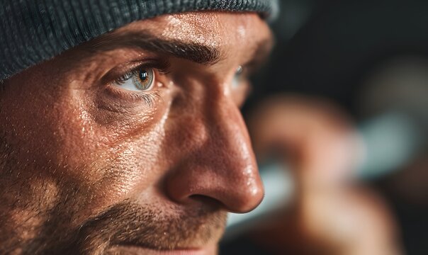 Close-up of a sweaty athletic man focusing intently during a strenuous workout