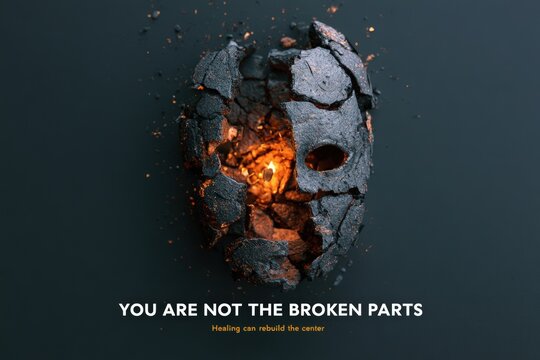 Fragmented human head form with glowing center symbolizing psychological recovery