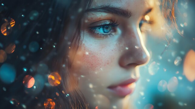 Close-up profile of young woman with blue eyes and bokeh lights shimmering around her face