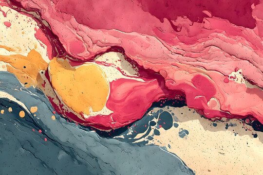 Colorful fluid art painting with pink yellow and dark blue layers