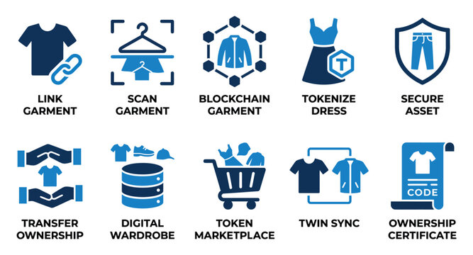 Digital fashion clothing and garment tracking icons set for blockchain technology and ownership security Minimal solid fill icon set bundle collection. Editable Vector Illustration Mega pack