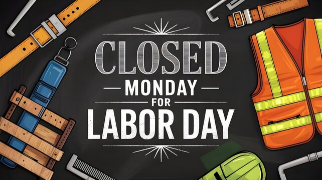 Labor day holiday sign on chalkboard background with construction tools and safety equipment, including a highvisibility vest, belt, and hard hat, flat lay style