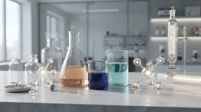 Chemistry laboratory glassware with colorful liquids and molecule models.